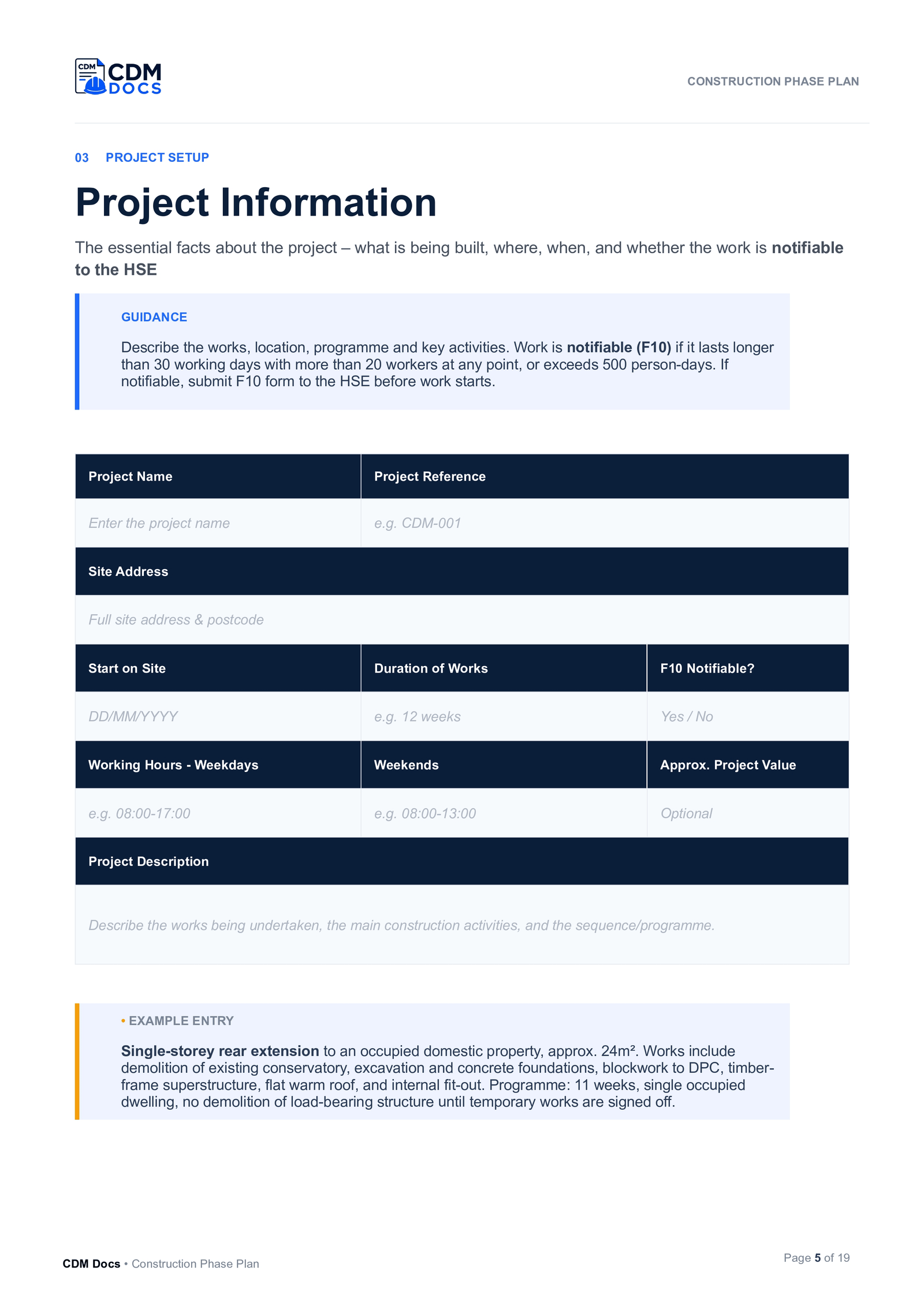 Project information section with guidance notes and worked example