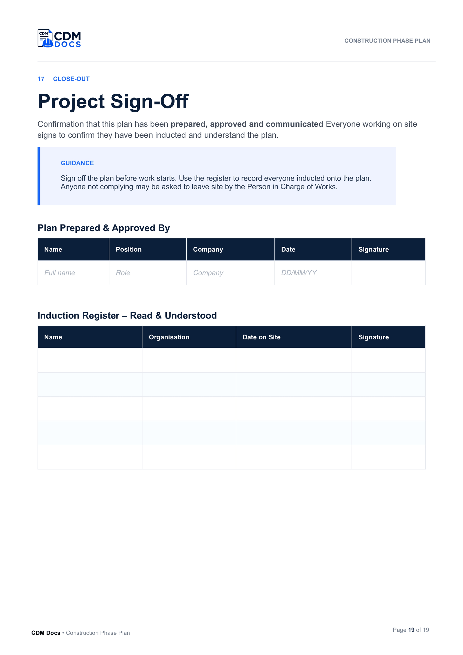 Project sign-off and induction register pages